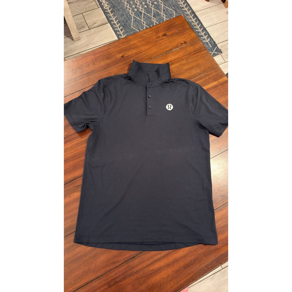 Lululemon Mens Evolution Short Sleeve Polo Shirt Navy Blue Large Logo Athletic
